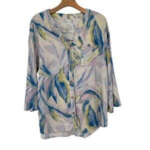 Cupio Womens top tunic Linen size large Blouse  V-Neck Pocket Pastel Watercolor